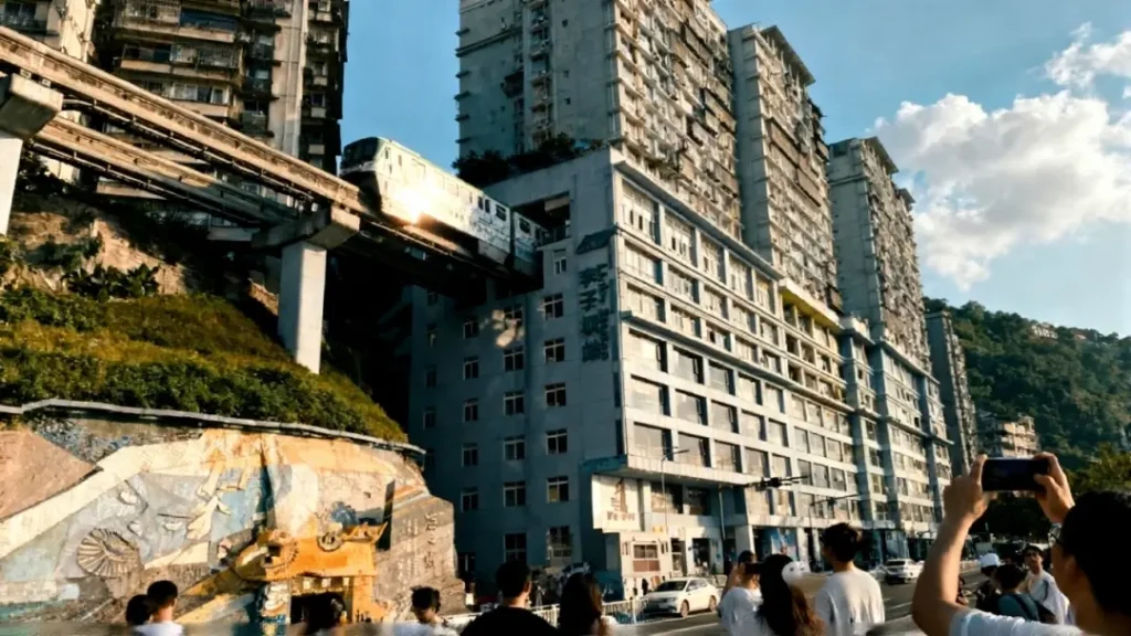 A monorail train passes through a building in Liziba, Chongqing.
