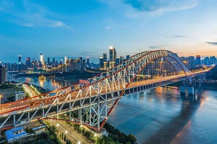 Aerial view of Chaotianmen Yangtze River Bridge at dusk